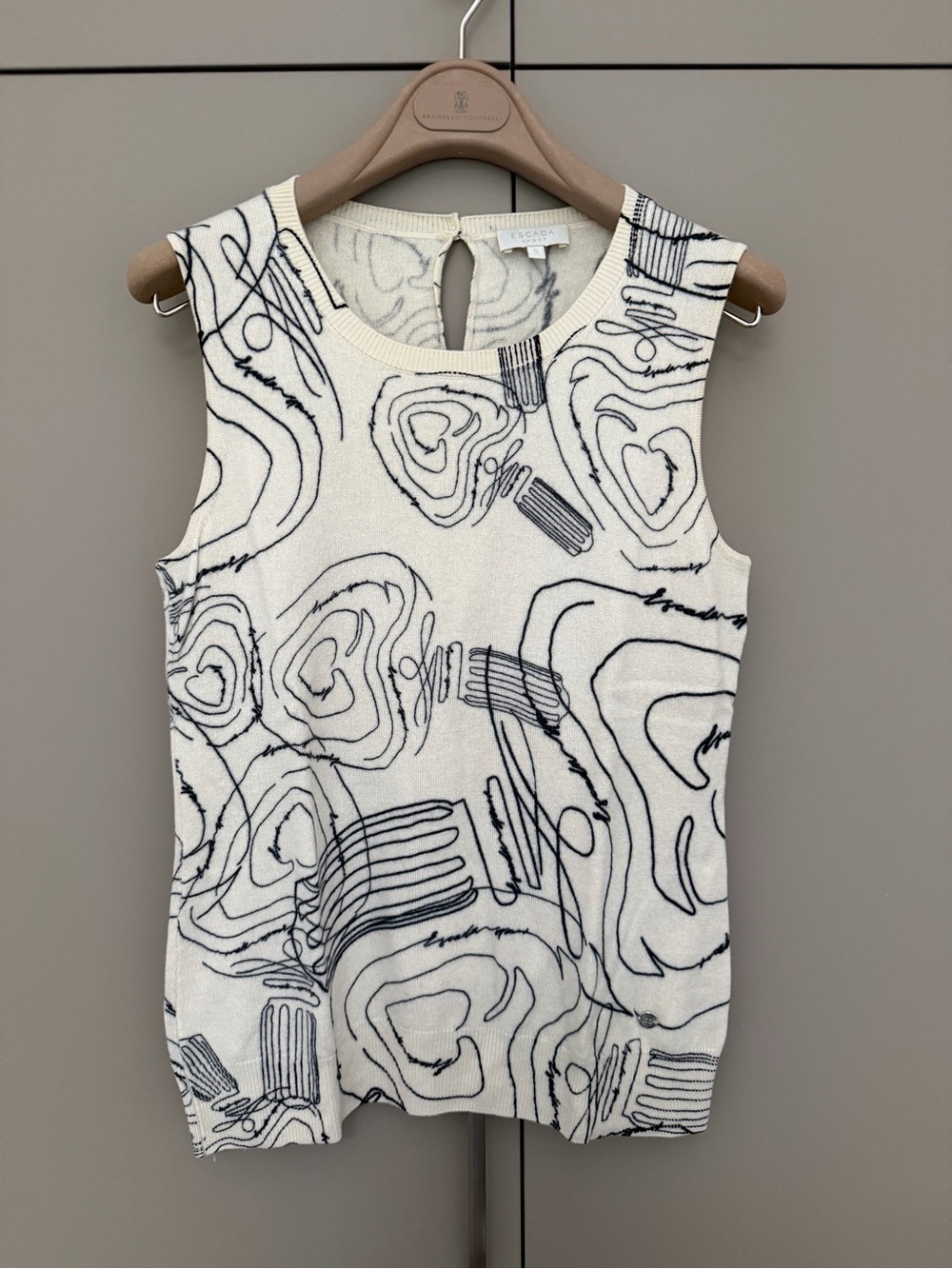 Escada White Tank Top with Black Abstract Line Design